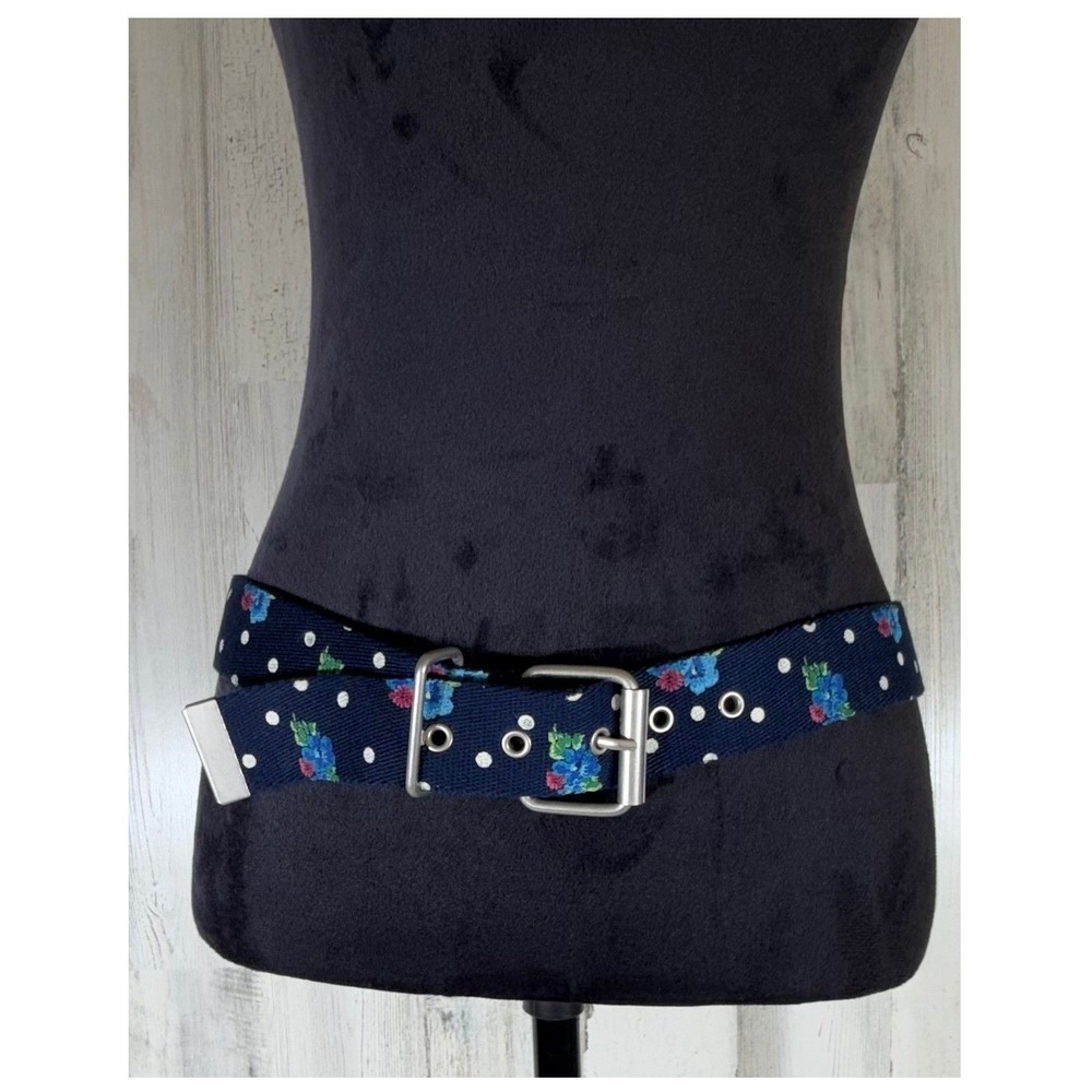Aeropostale Webbed Belt Navy Blue Floral Polka Dot Silver Grommet Buckle Small